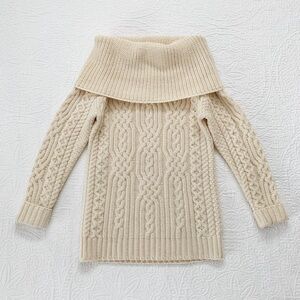 Aran Mor Merino Wool Cable‎ Knit Irish Knot Cowl Sweater, Cream